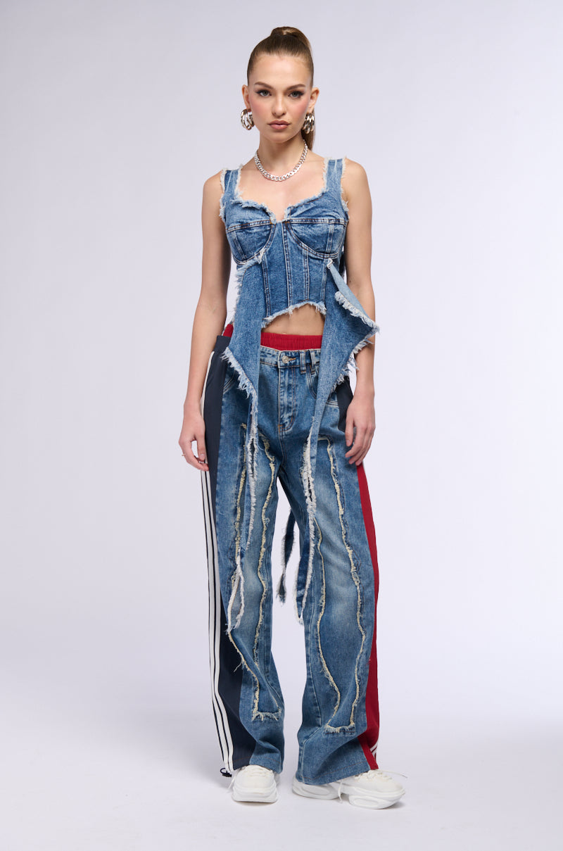 Extra View All Around The World Patchwork Denim Jogger Pant In Red Multi