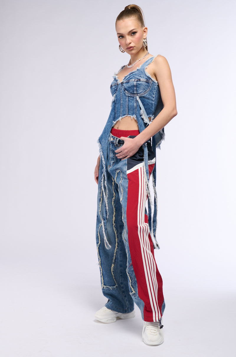 Extra View All Around The World Patchwork Denim Jogger Pant In Red Multi