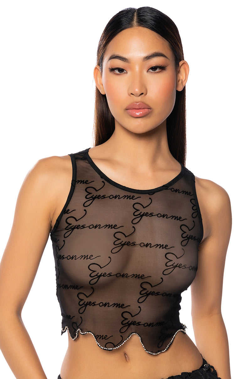 Front View All Eyes On Me Flocked Mesh Tank