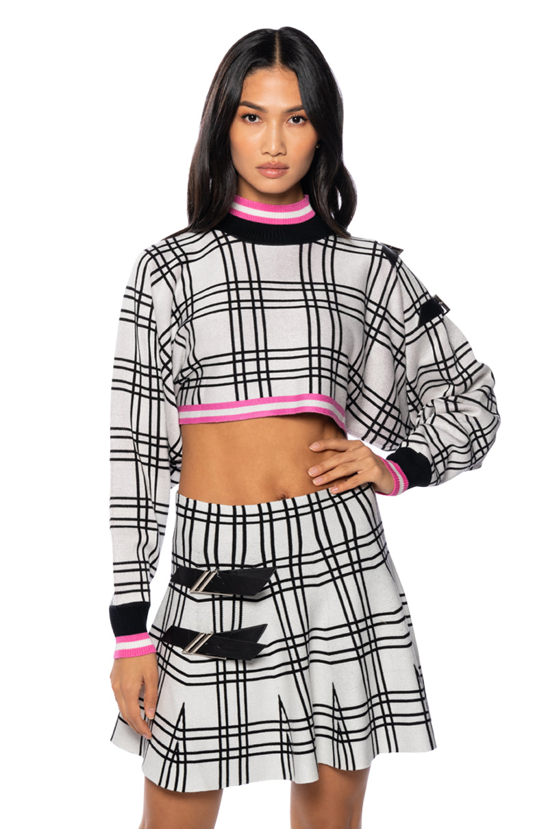 Side View All Eyes On Me Mock Neck Buckle Sleeve Crop Sweater