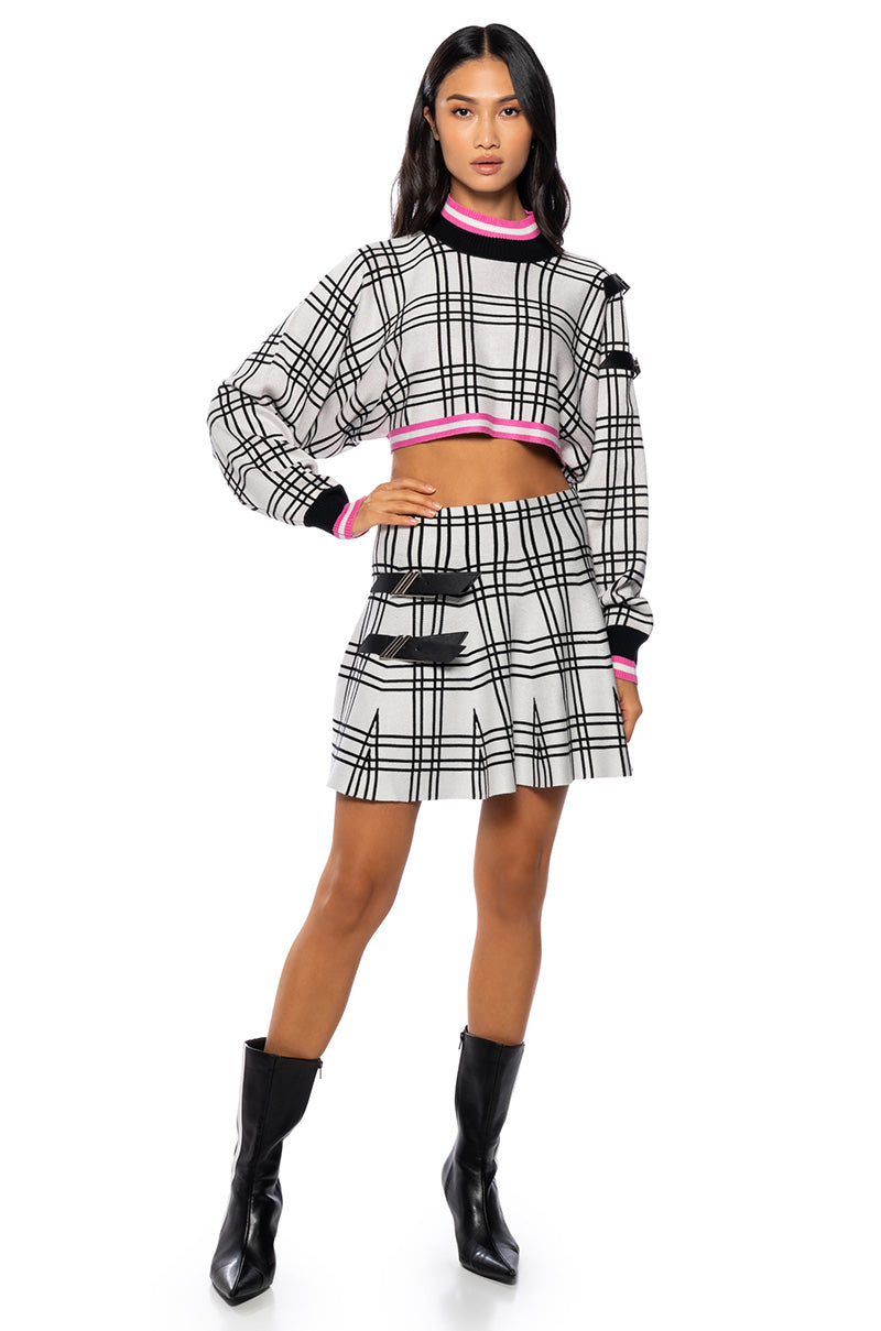 Back View All Eyes On Me Mock Neck Buckle Sleeve Crop Sweater