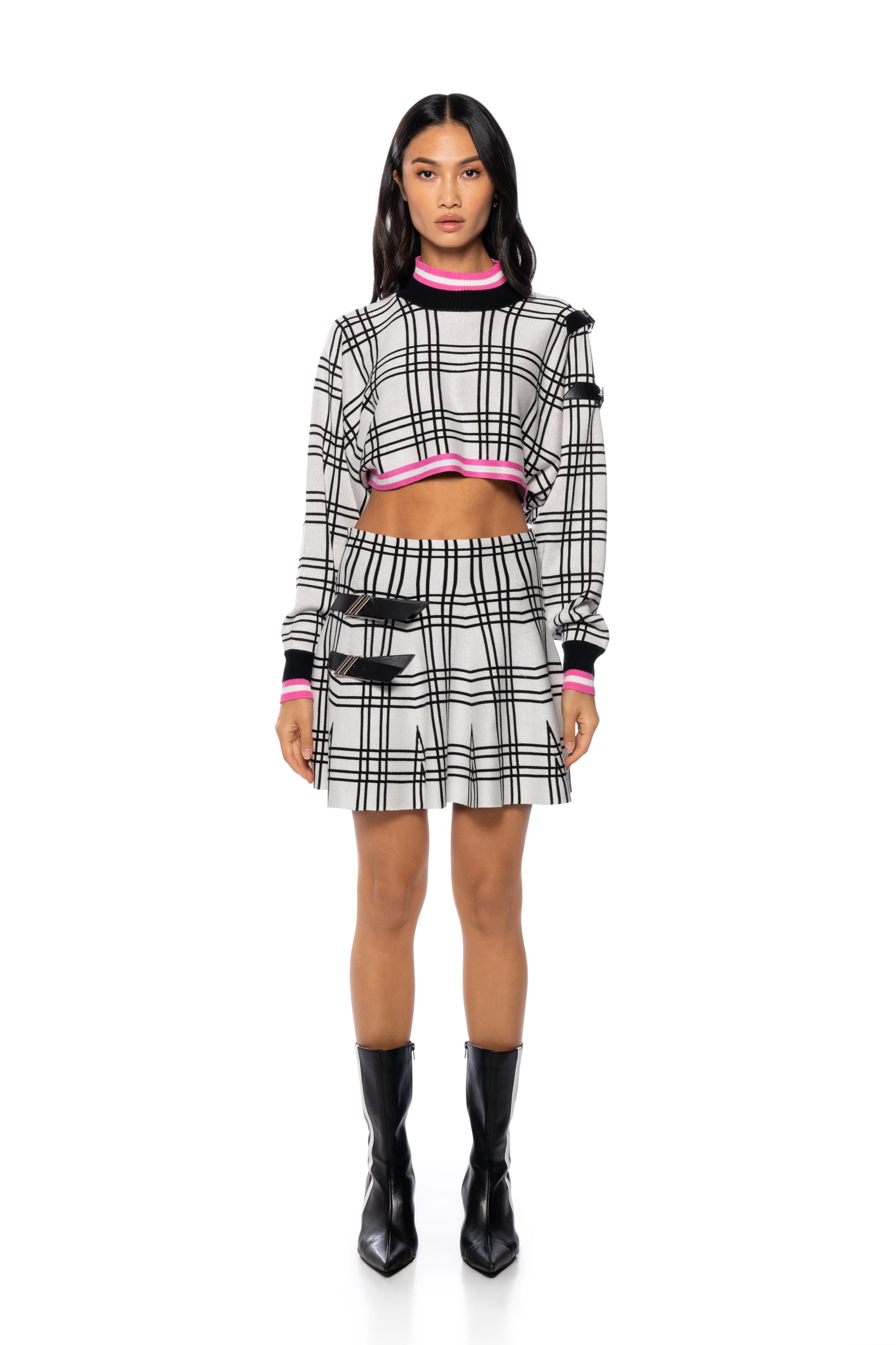 Extra View All Eyes On Me Mock Neck Buckle Sleeve Crop Sweater