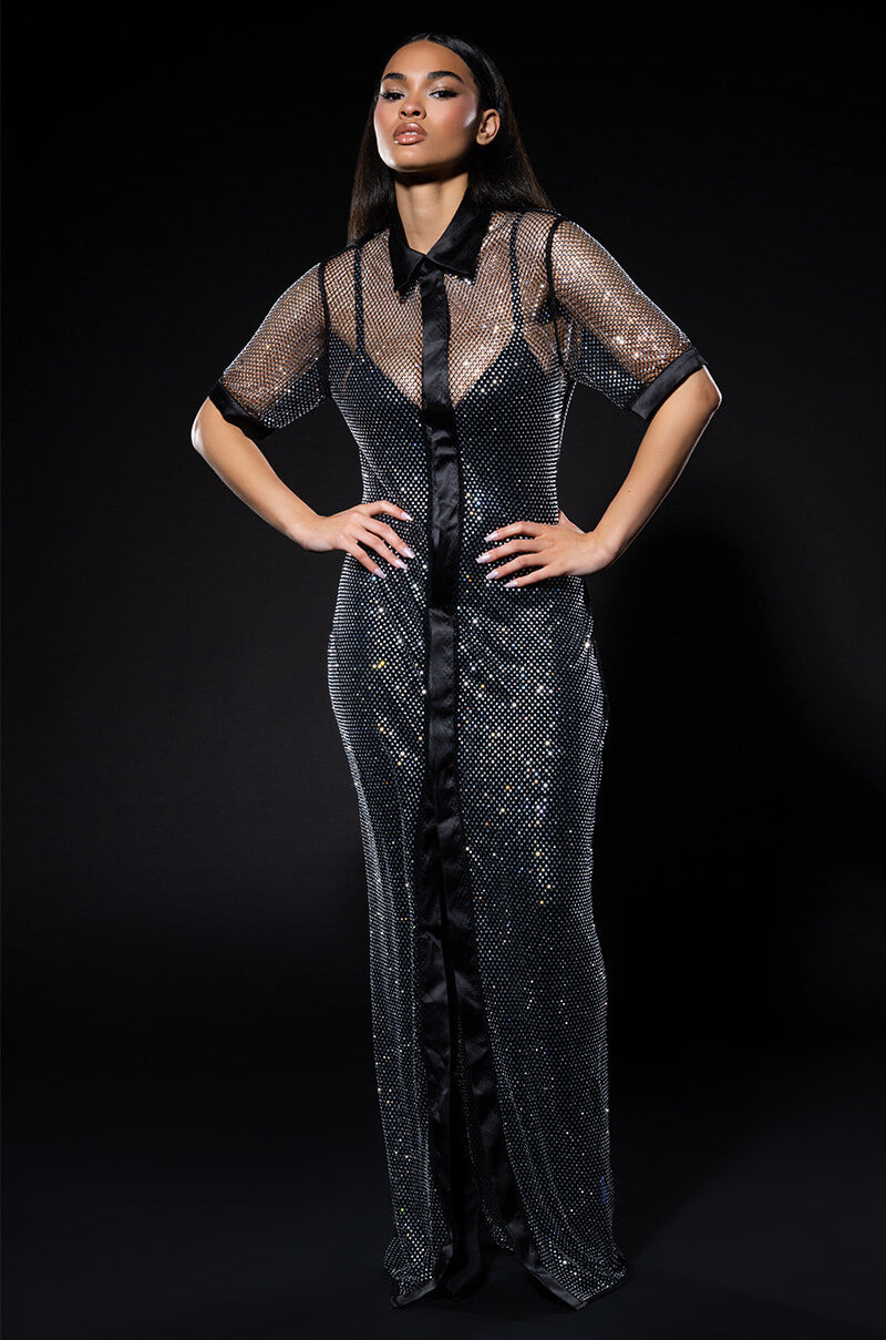 Front View All Eyes Sparkle Rhinestone Polo Maxi Dress