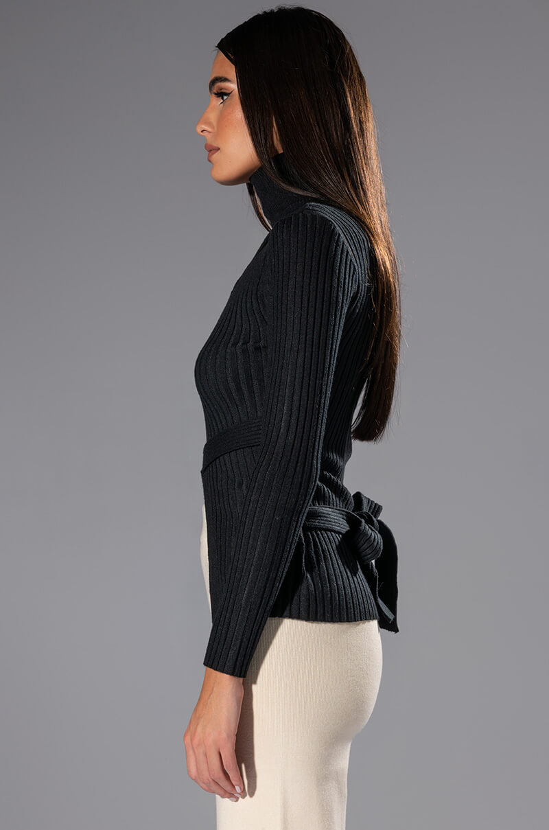 Full View All In The Details Cut Out Turtleneck Tie Waist Sweater