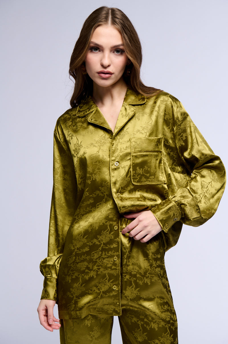 Front View All My Might Long Sleeve Satin Button Down