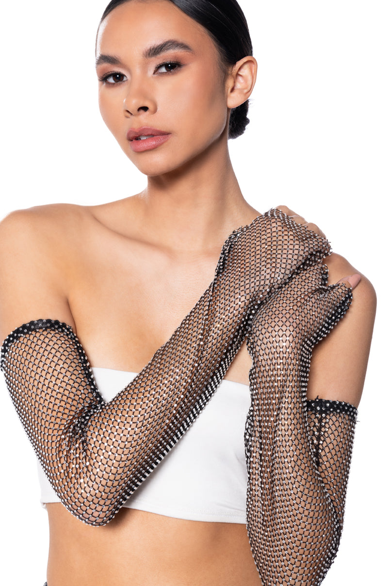 Side View All Night Long Fingerless Rhinestone Mesh Gloves