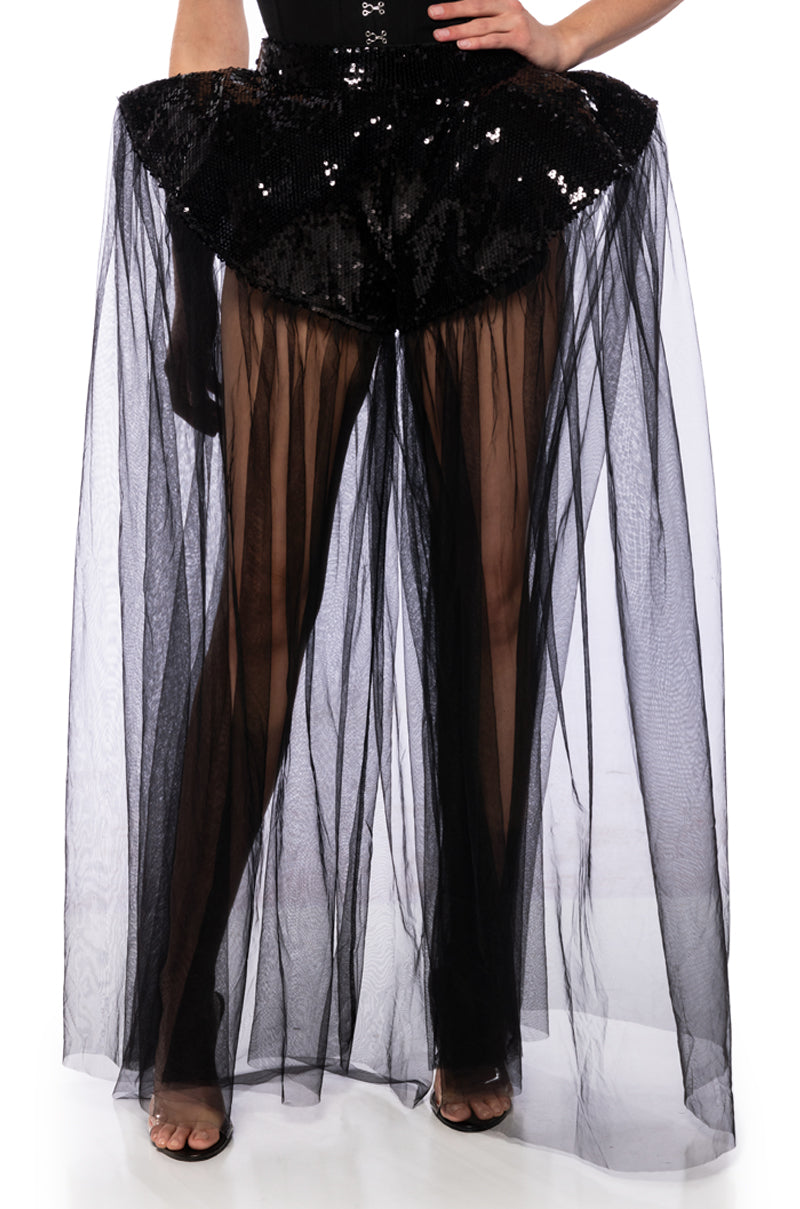 Front View All Of The Drama Tulle Overlay Sequined Fashion Short