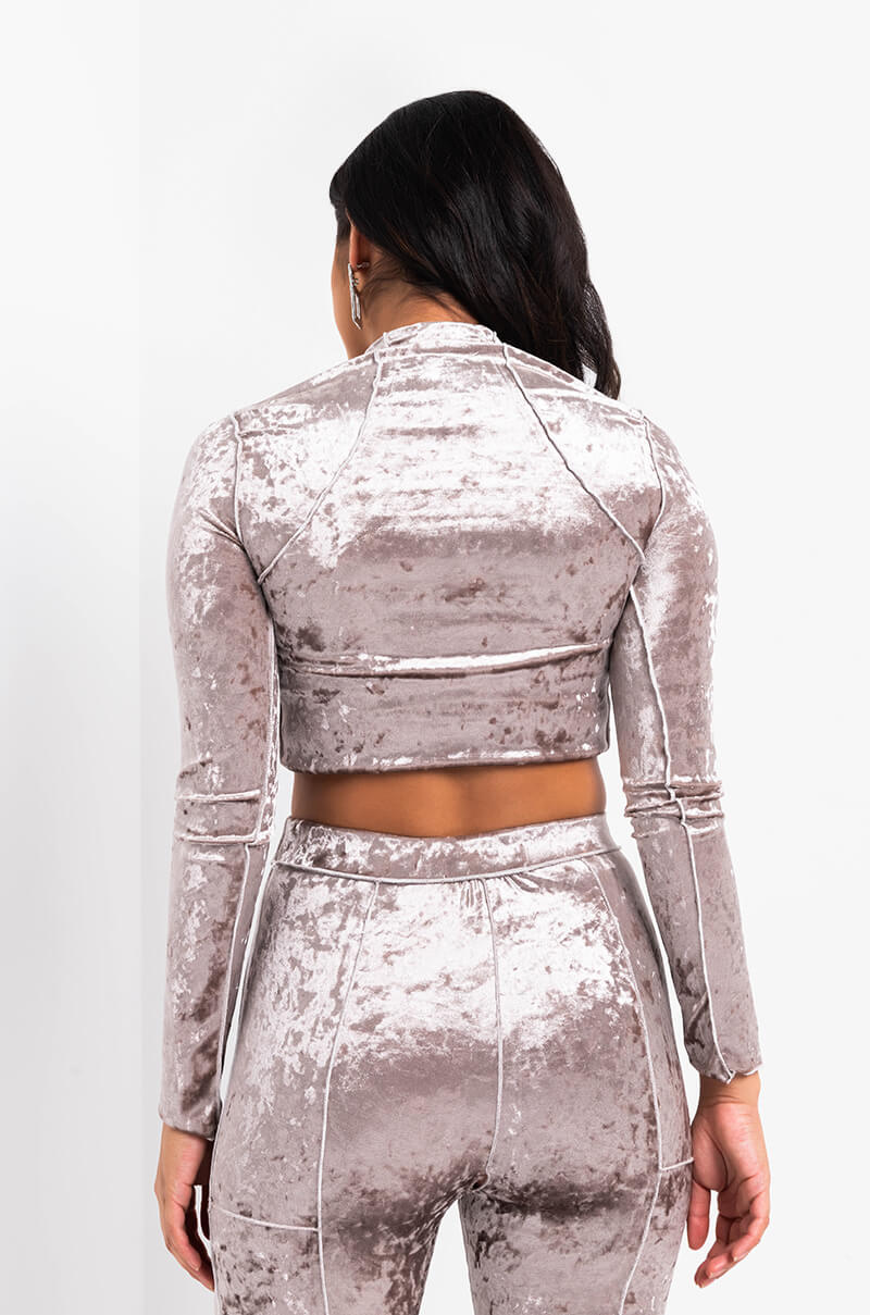 Back View All Of You Long Sleeve Velvet Crop in Grey