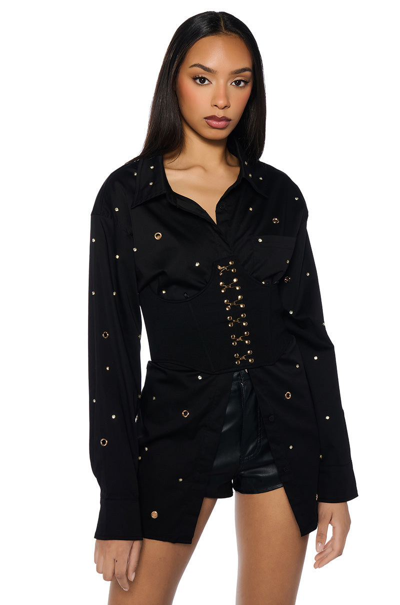 ALL OVER GROMMET DETAIL CORSET BUTTON DOWN SET view 0
