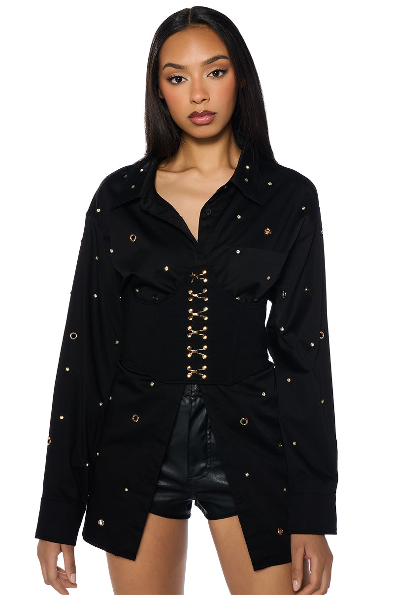 Side View All Over Grommet Detail Corset Button Down Set