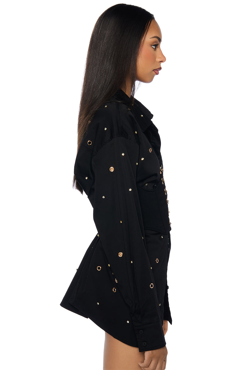 Full View All Over Grommet Detail Corset Button Down Set
