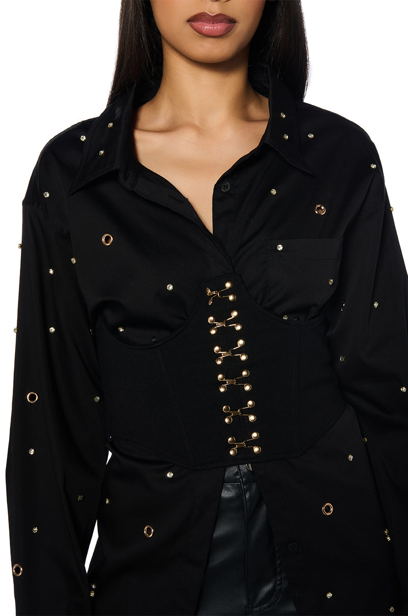 Extra View All Over Grommet Detail Corset Button Down Set