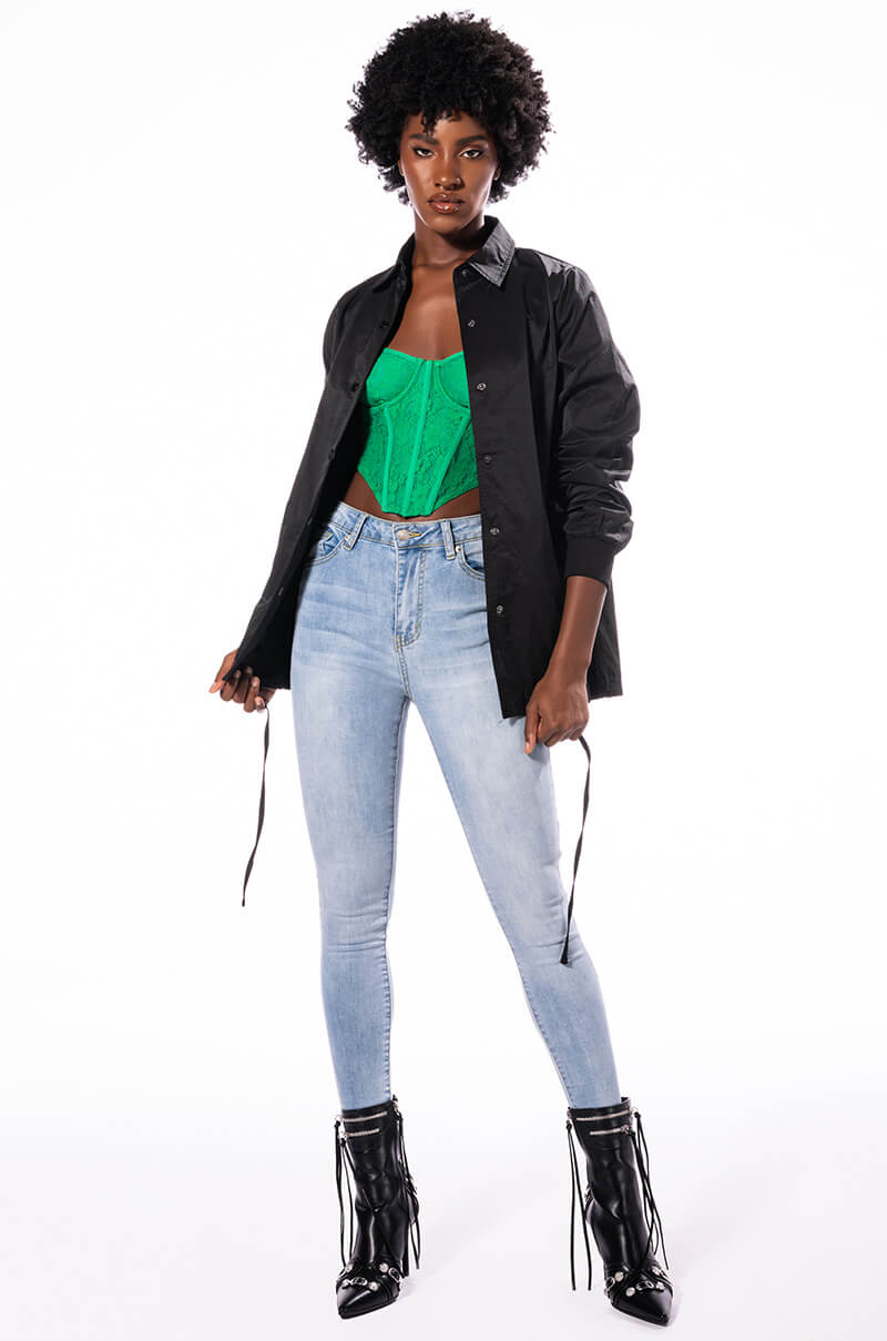 Detail View All Over Lace Up Back Skinny Jeans