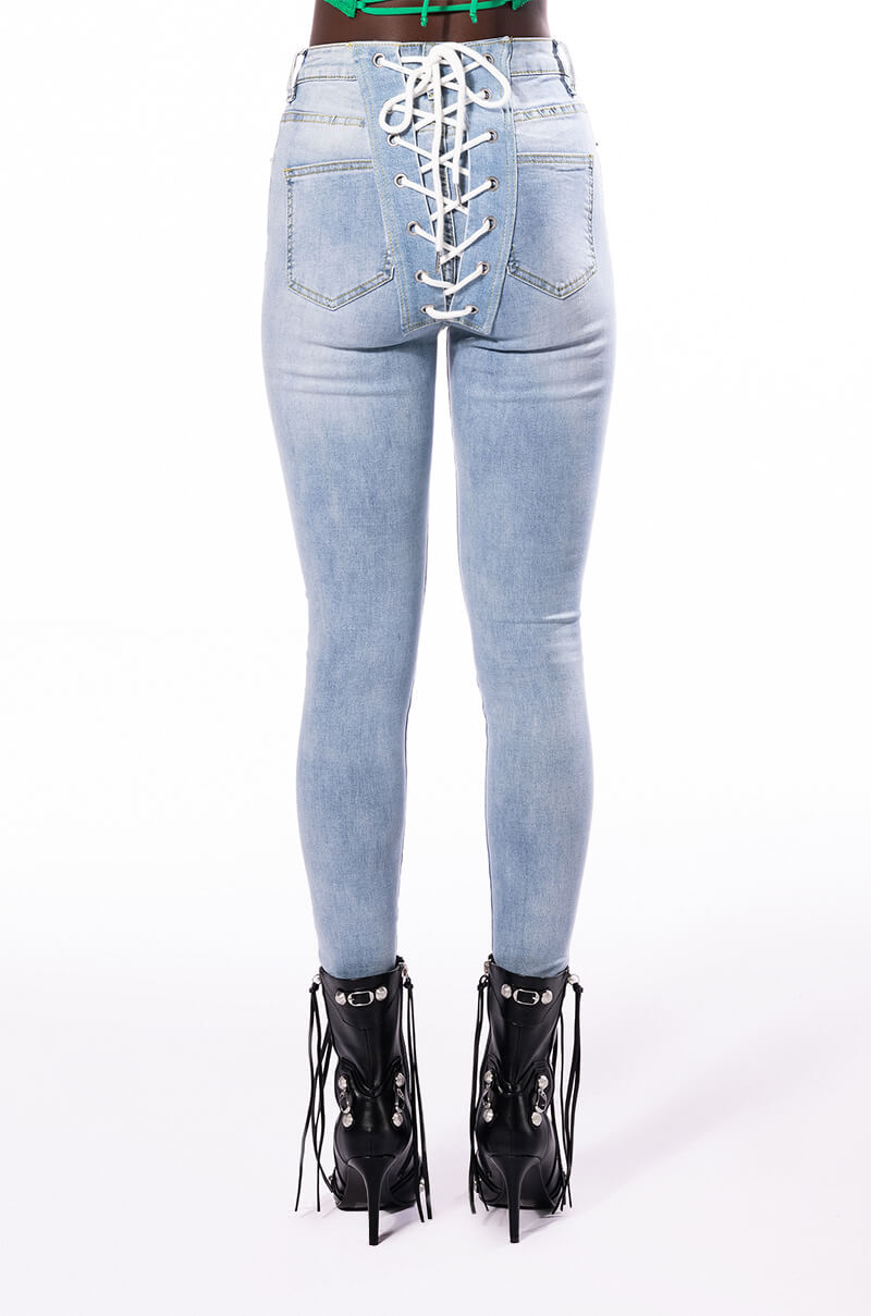 Full View All Over Lace Up Back Skinny Jeans