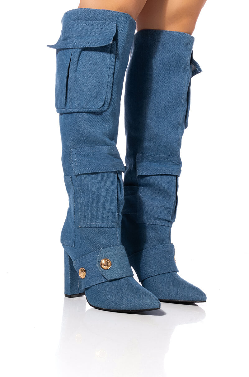 Front View All Over Me Chunky Cargo Patchwork Boot In Denim