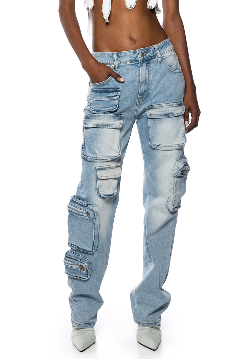 Front View All Over Pocket Detail Relaxed Fit Jeans