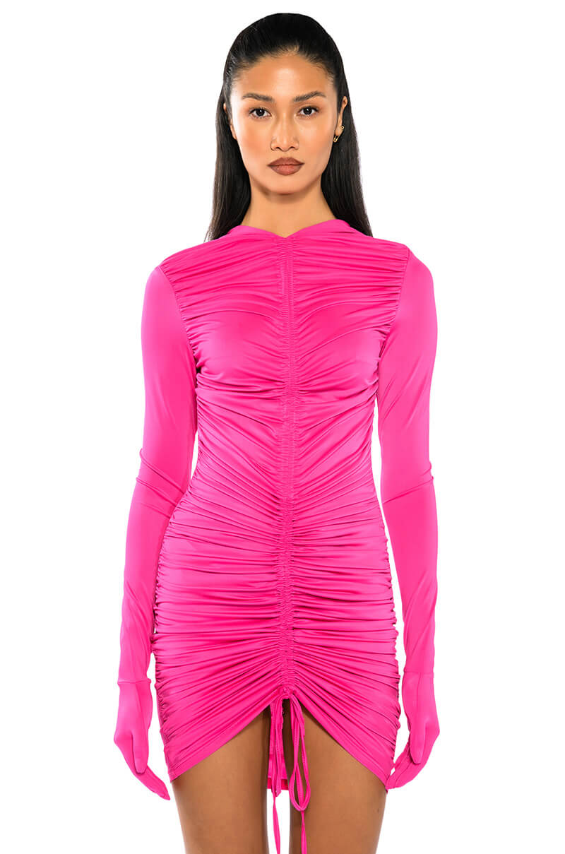 Front View All That Ruched Bodycon Gloved Mini Dress