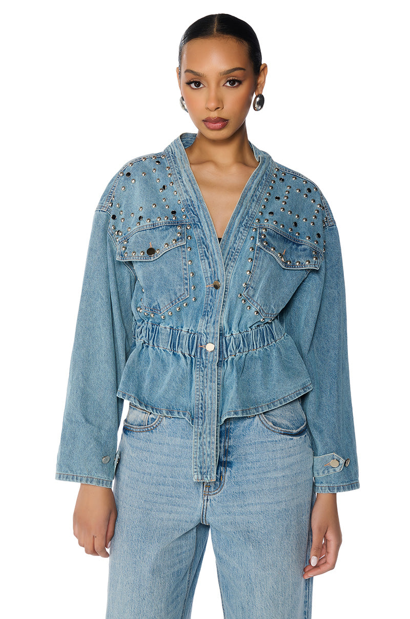 ALL THE RAGE STUDDED DENIM CINCHED JACKET view 0