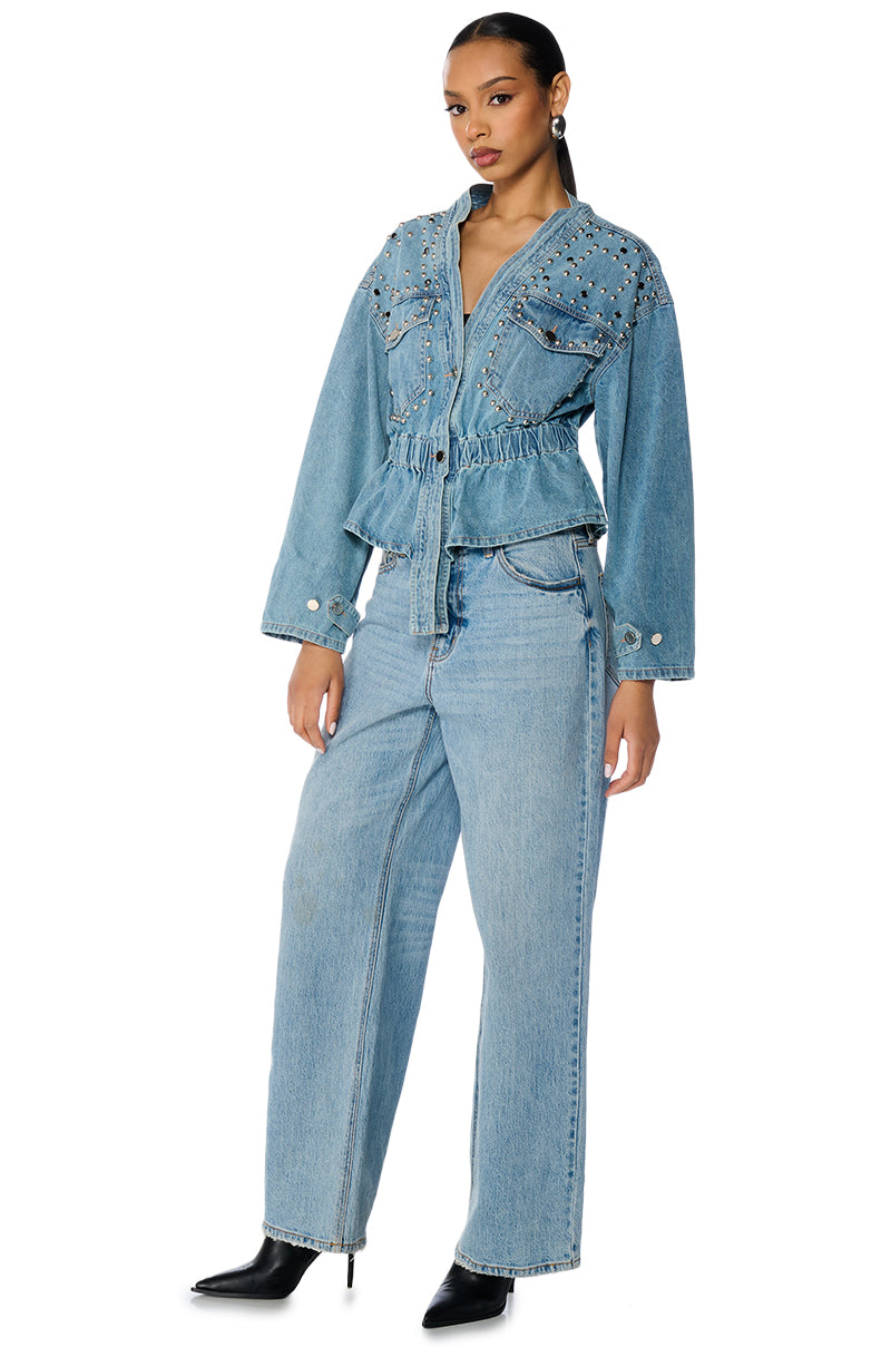Side View All The Rage Studded Denim Cinched Jacket