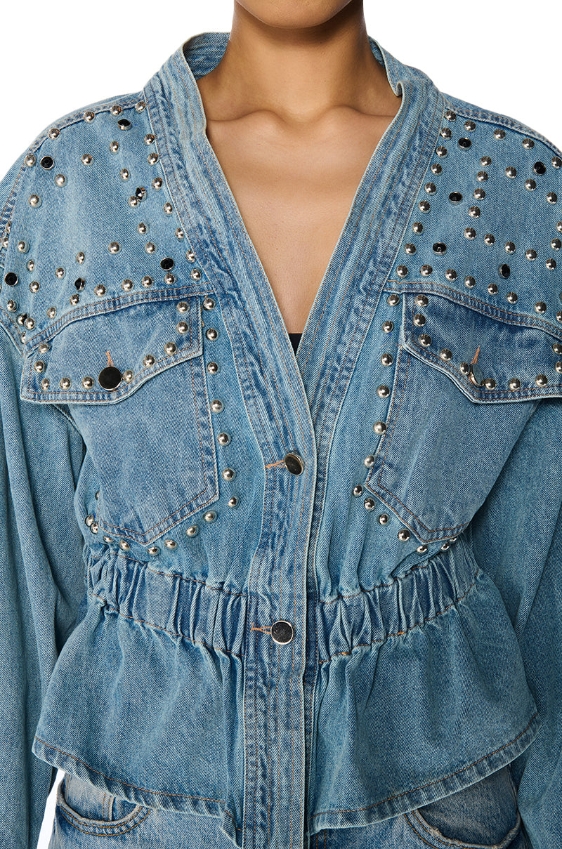 Full View All The Rage Studded Denim Cinched Jacket