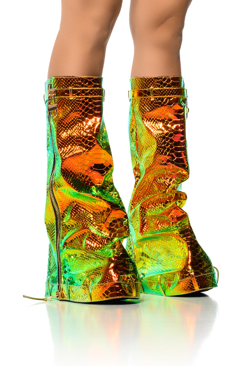 Front View All The Way Down Belted Foldover Boot In Metallic Multi