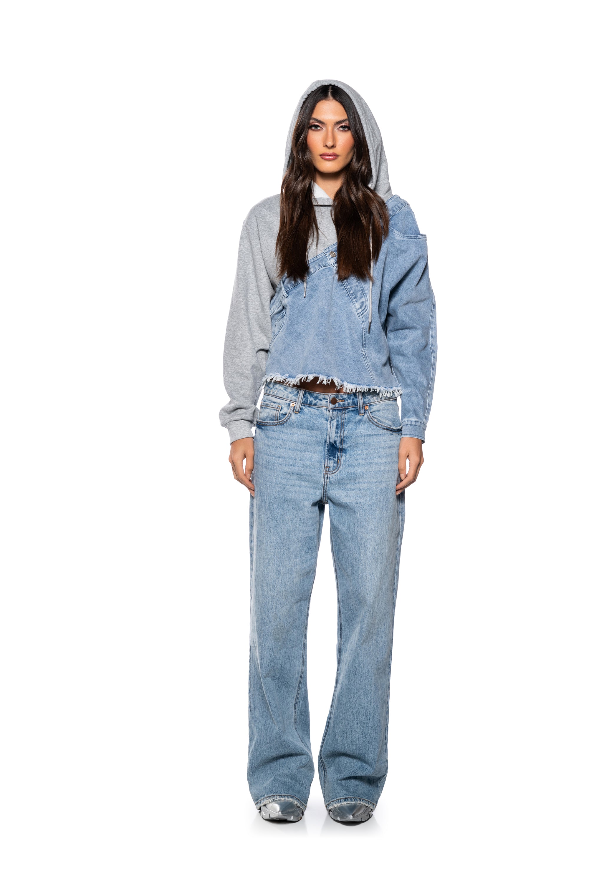 Extra View All The Way Up Mix Media Denim Hoodie