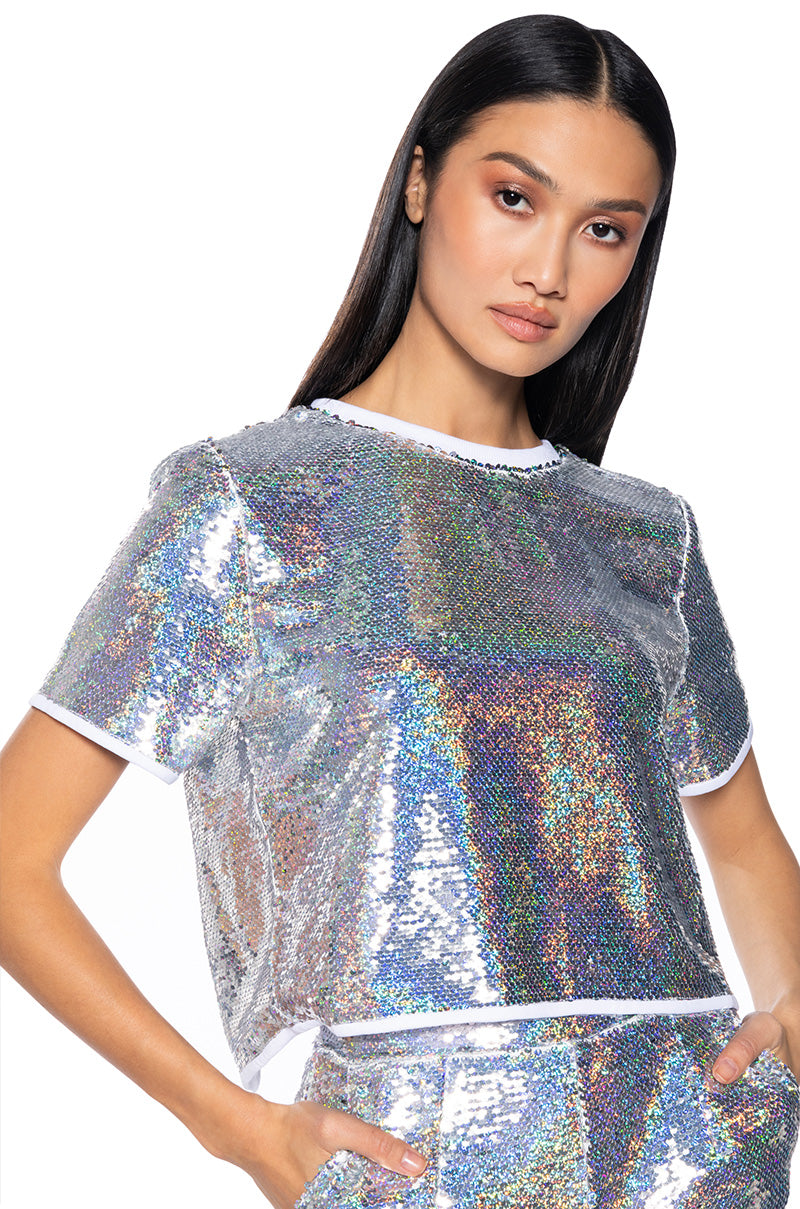 Front View All Up In My Mind Sequin Open Back Crop Top