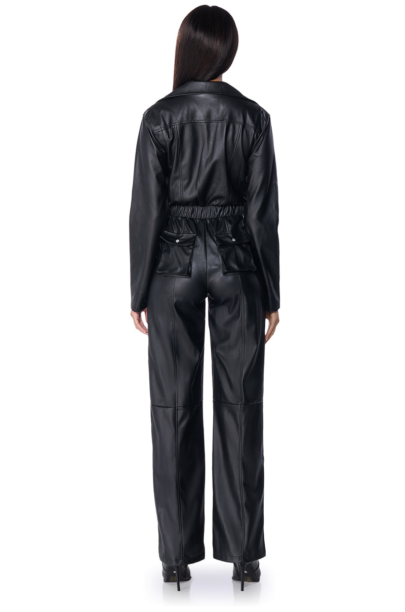 Detail View Alley Cat Faux Leather Jumpsuit