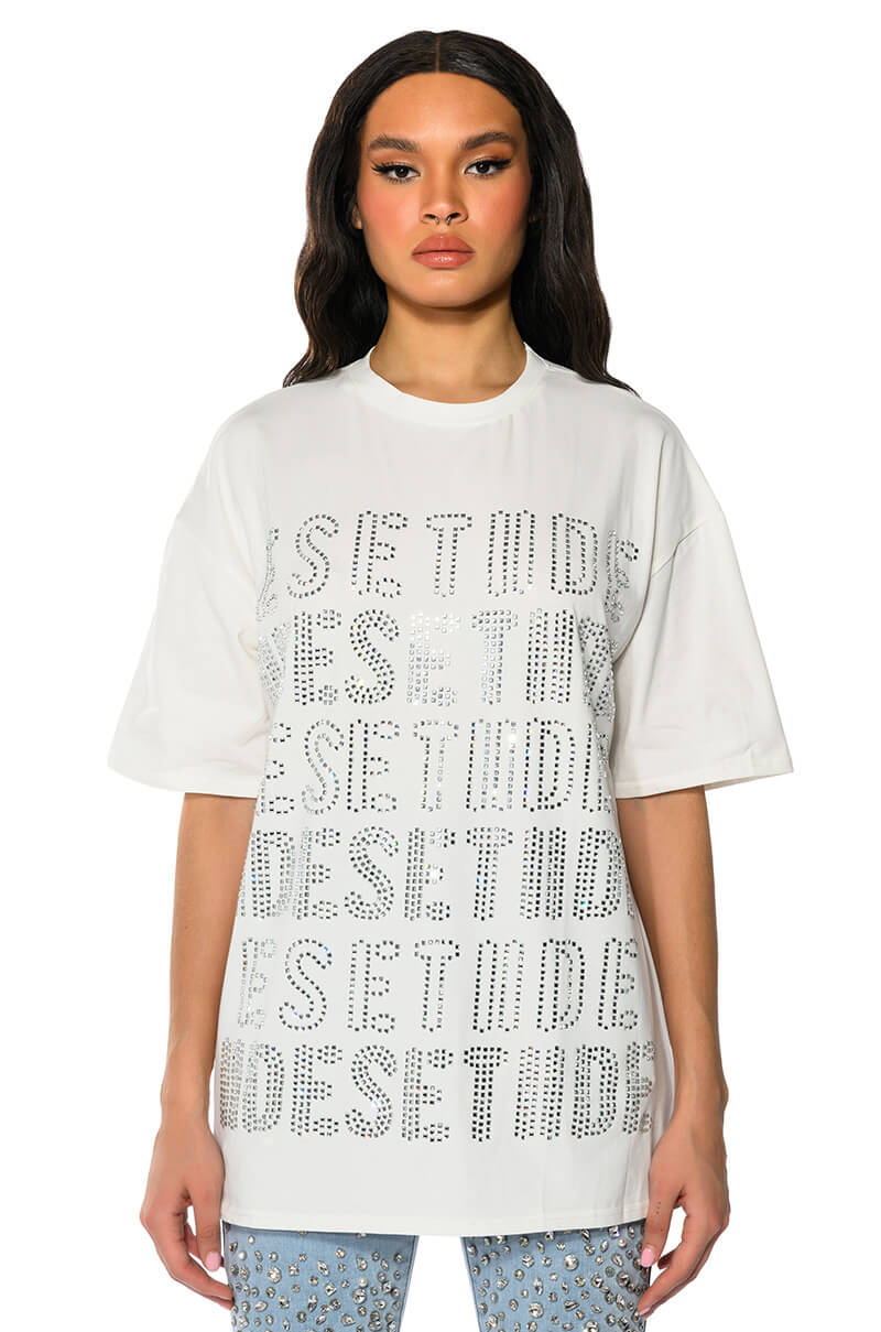 Front View Alphabet City Oversized Graphic Tshirt In White