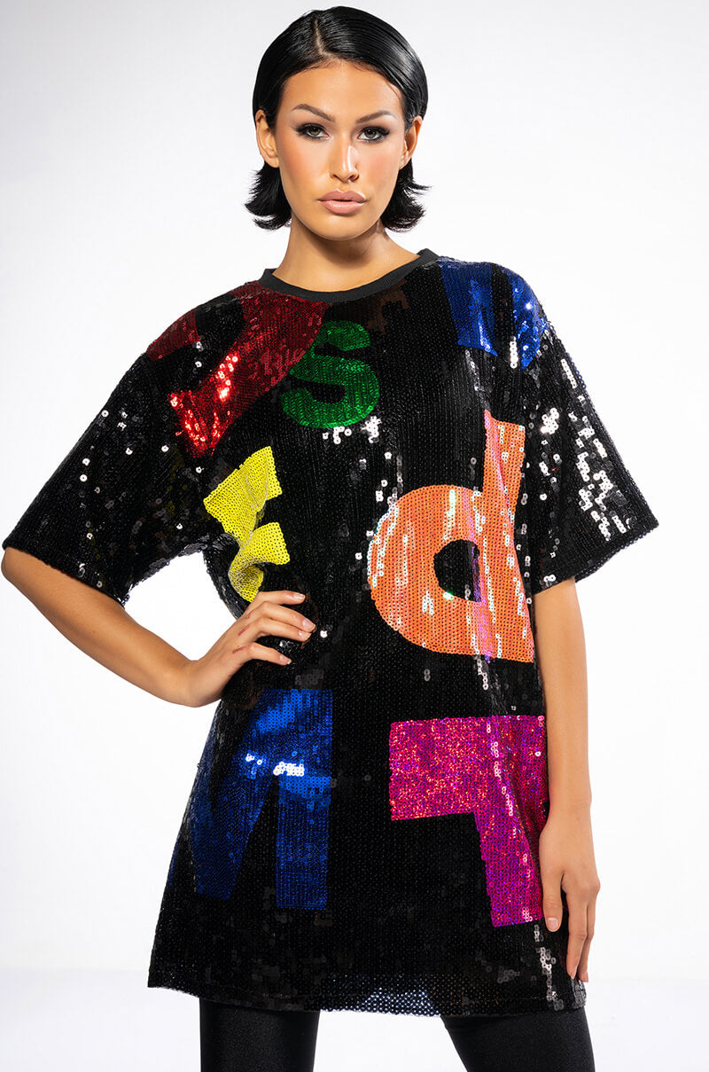 Front View Alphabet Sequin Covered Tshirt