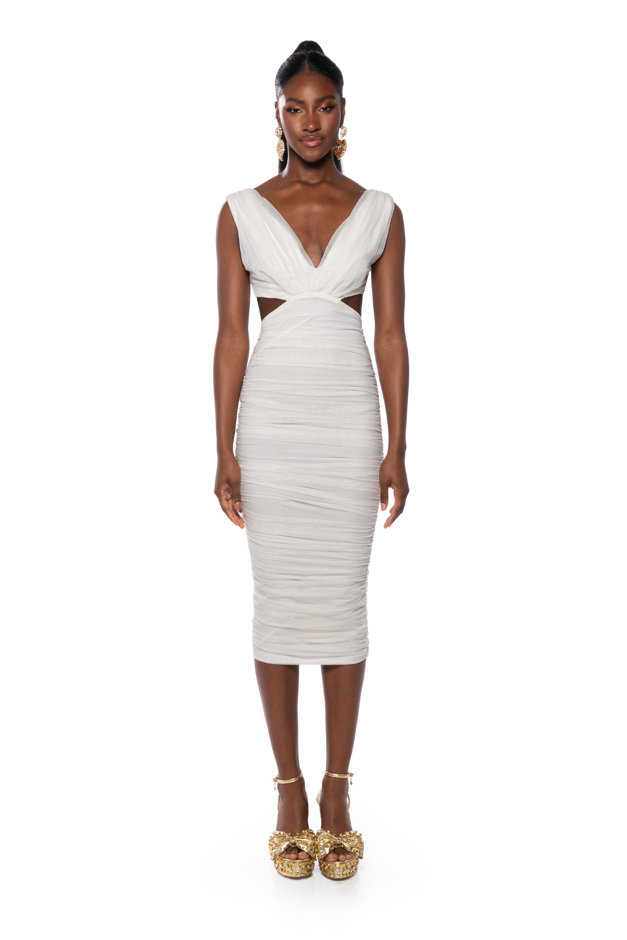 v neck midi dress bodycon Body Contour High Compression V-neck Ruched Midi Dress