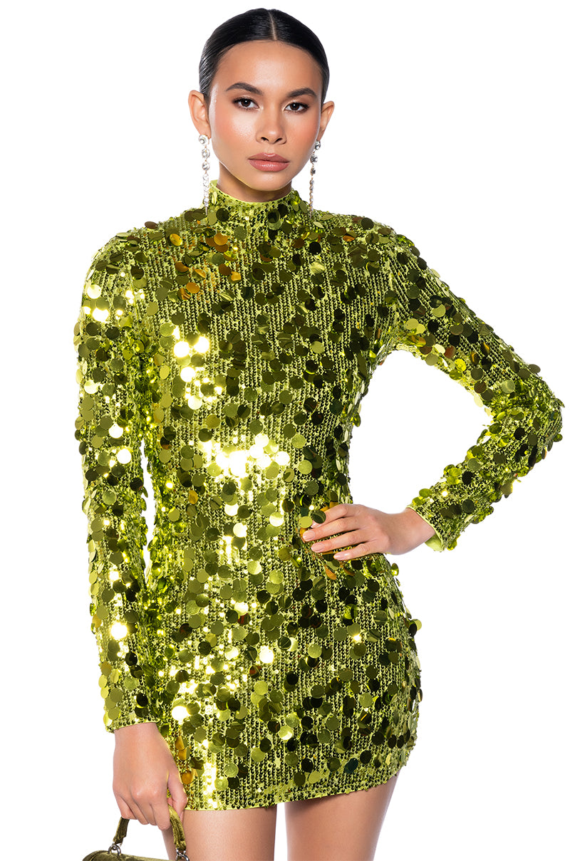 Front View Always Full Glam Sequin Mini Dress In Lime
