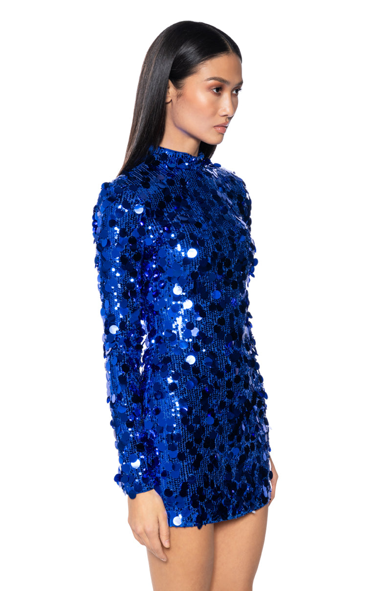 Side View Always Full Glam Sequin Mini Dress In Royal Blue 1