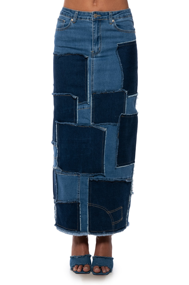 Detail View Always Good Patchwork Denim Maxi Skirt