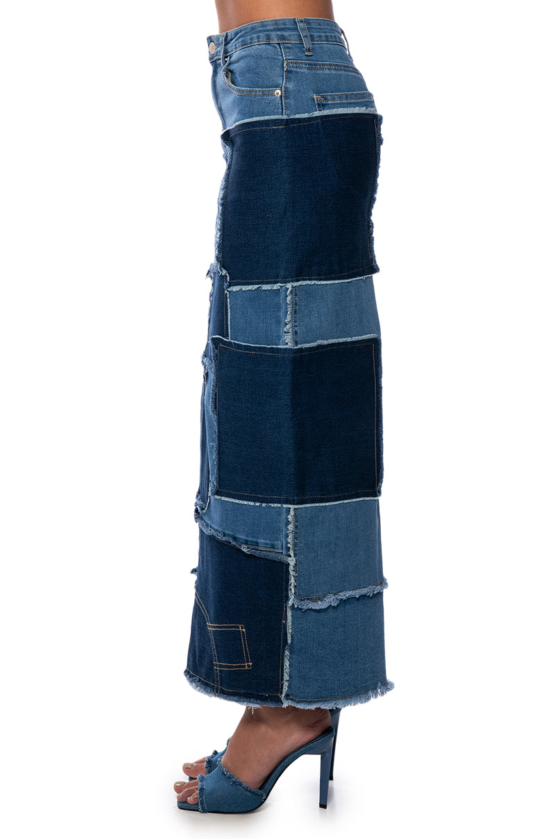 Extra View Always Good Patchwork Denim Maxi Skirt