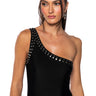 Front View Always On Time One Shoulder Studded Bodysuit In Black