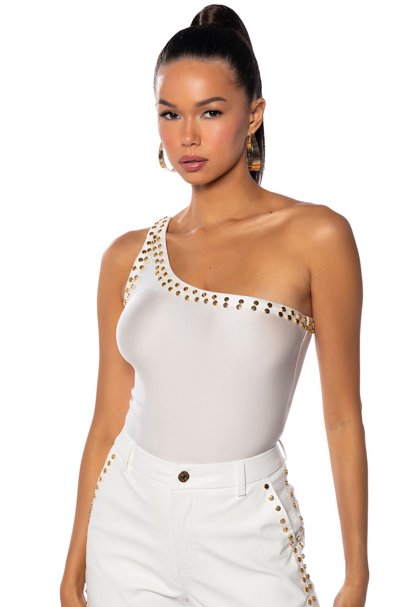 Front View Always On Time One Shoulder Studded Bodysuit In White