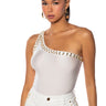 Front View Always On Time One Shoulder Studded Bodysuit In White