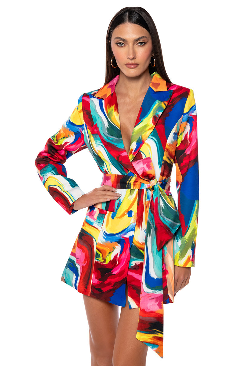 Front View Always Right Belted Mini Dress In Blue Multi