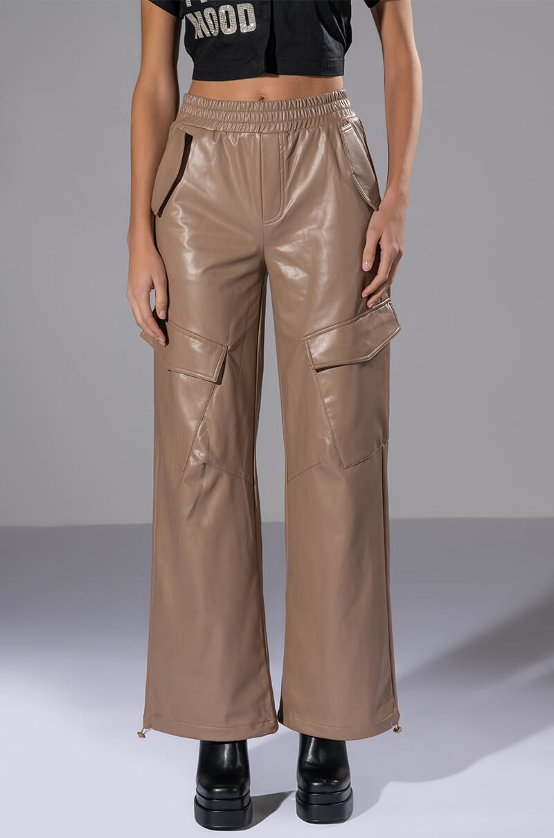 Front View Always Winning Faux Leather Cargo Pants In Beige