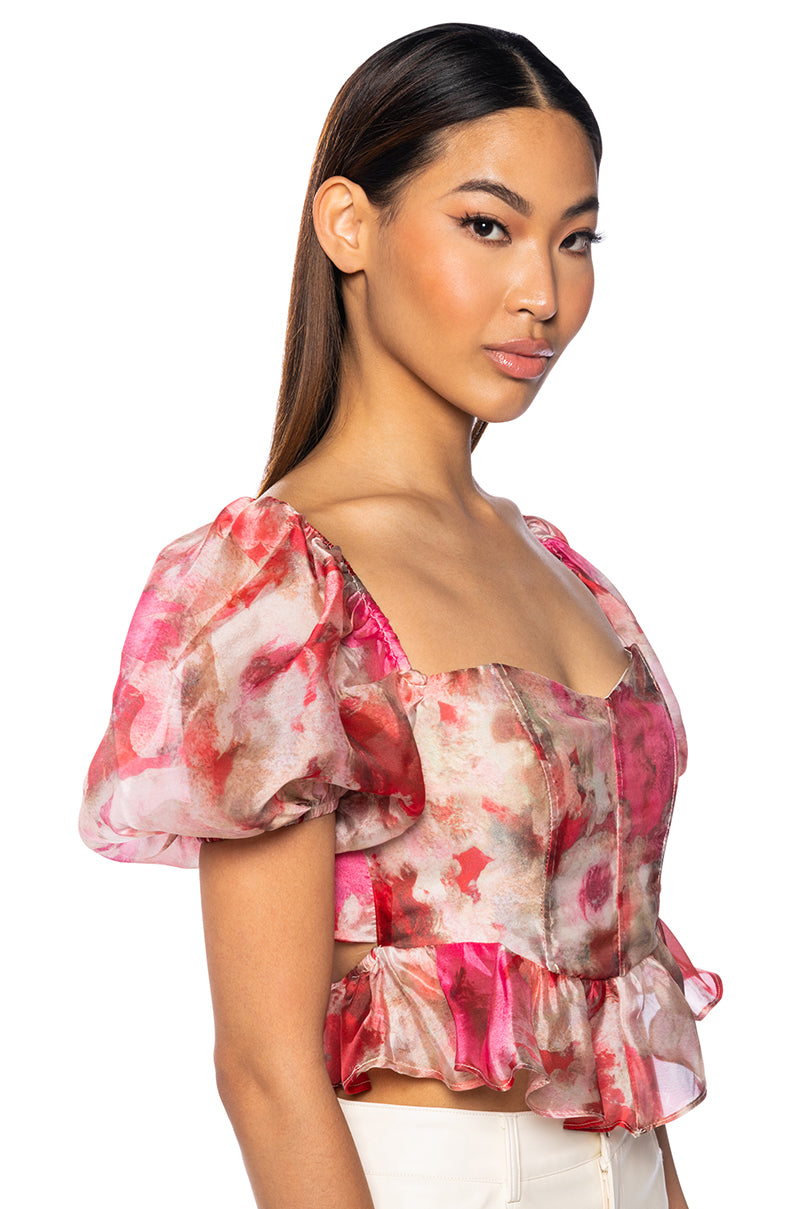 Front View Amber Breeze Floral Flounce Top 0