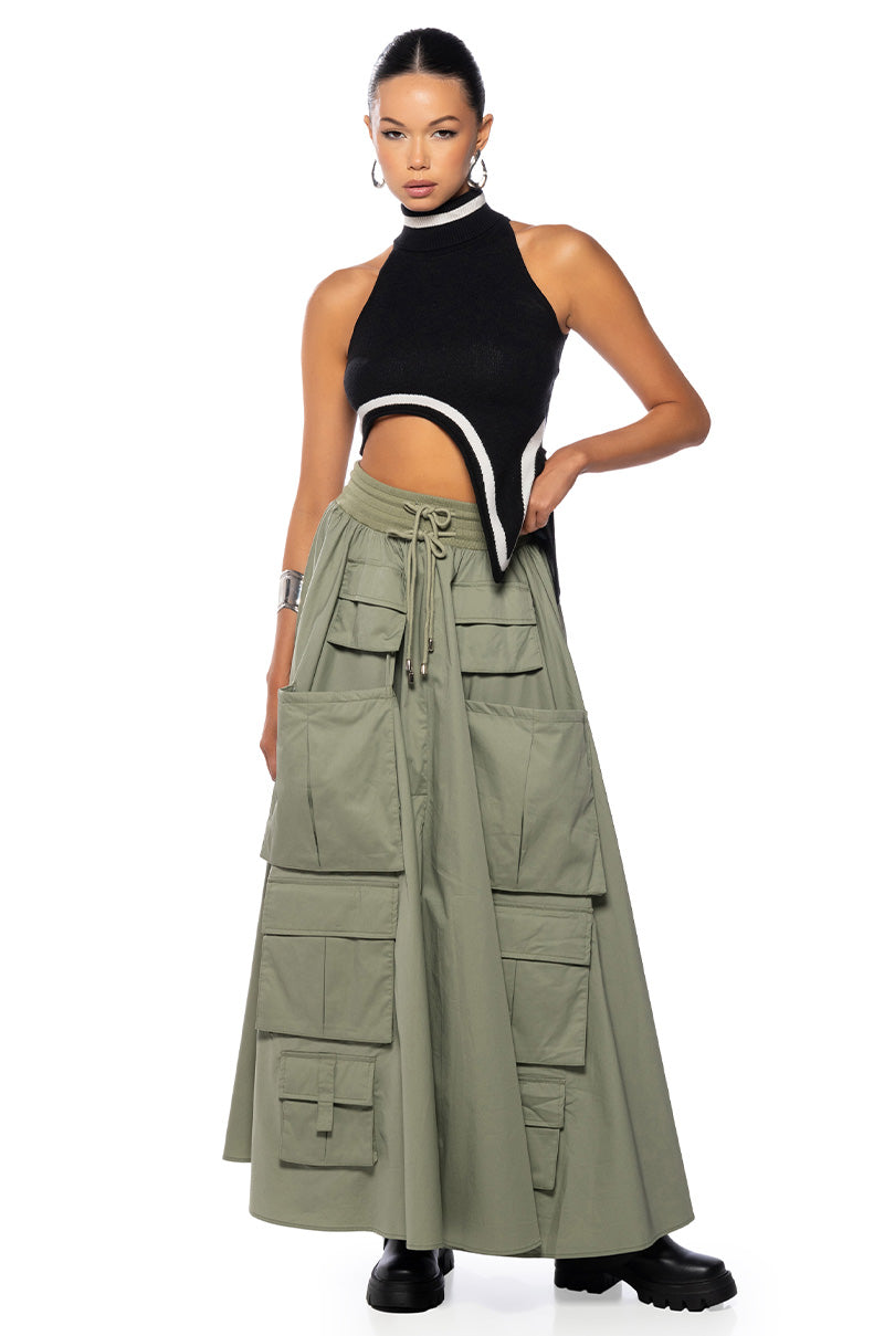 Side View Amelia Cargo Pocket Maxi Skirt In Light Green