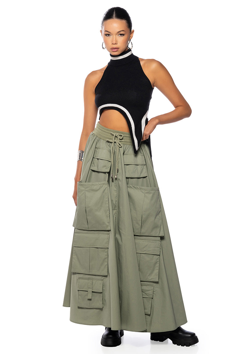 Side View Amelia Cargo Pocket Maxi Skirt In Light Green