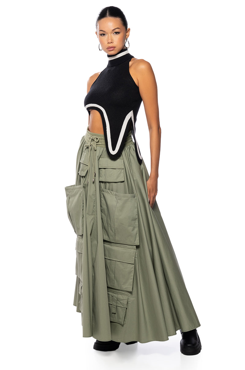 Back View Amelia Cargo Pocket Maxi Skirt In Light Green