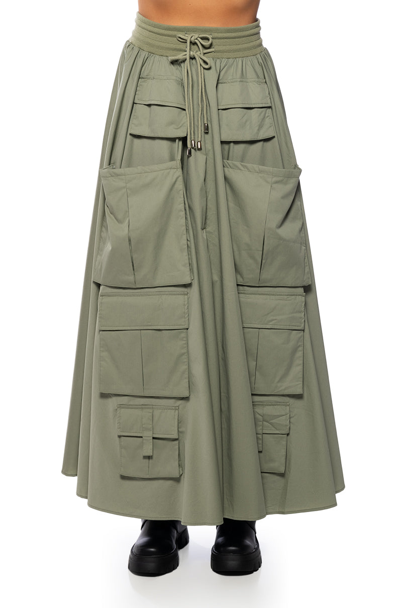 Detail View Amelia Cargo Pocket Maxi Skirt In Light Green
