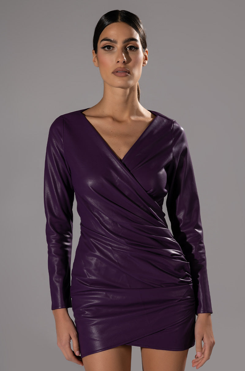 AMETHYST RUCHED FAUX LEATHER LONG SLEEVE MINI DRESS view 0