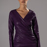 Front View Amethyst Ruched Faux Leather Long Sleeve Mini Dress