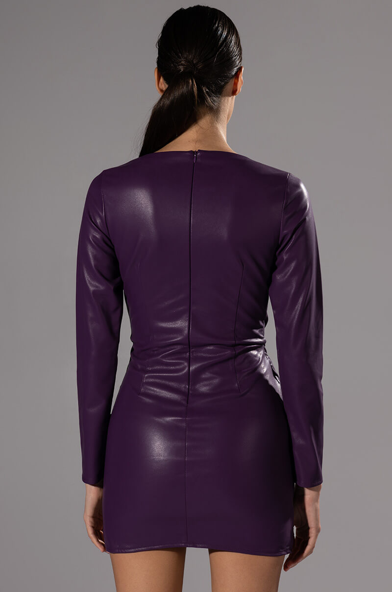 Detail View Amethyst Ruched Faux Leather Long Sleeve Mini Dress