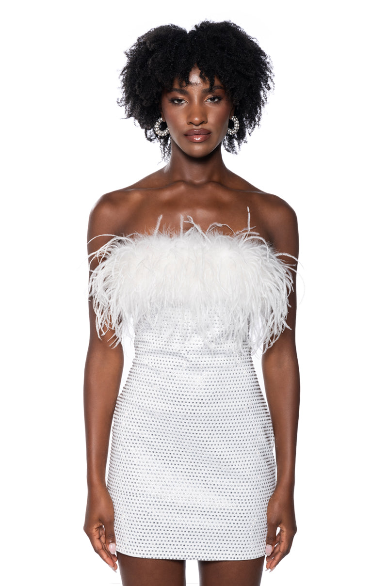AMI FEATHER DETAILED STRAPLESS MINI DRESS – AKIRA