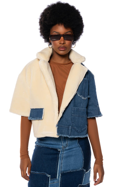 AMIEE SHORT SLEEVE DENIM SHERPA JACKET – AKIRA